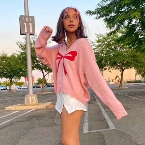 Casual Pink Sweat Cute Knit Sweater Autumn Winter Print Jumper Women V Neck Loose Warm Pullover Korean Fashion