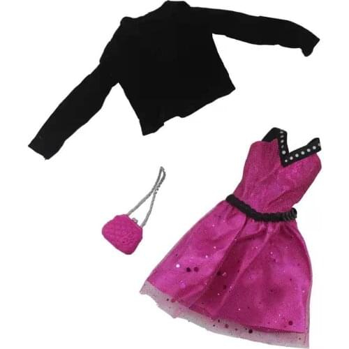 11.5" Rosy Sequin V neck Sleeveless Princess Dress for Barbie Doll Clothes Black Coat Jacket Gown Outfit 1/6 BJD Accessories Toy