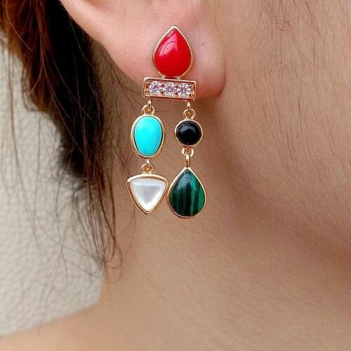 YYGEM natural Coral Malachite Rose Quartz Turquoise Onyx Stud Earrings Office style for women