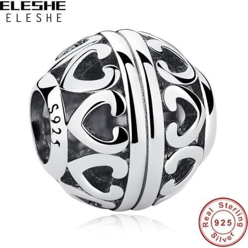 ELESHE S925 Sterling Silver Hollow Heart Round Charms Bead Fit Original Bracelet DIY Jewelry Making Fashion Gift