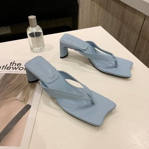 2021 Summer Fashion Flip Flops Slip-On High Heels Sandals Women Elegant White Blue Slippers Ladies Square Heels Slippers Outdoor