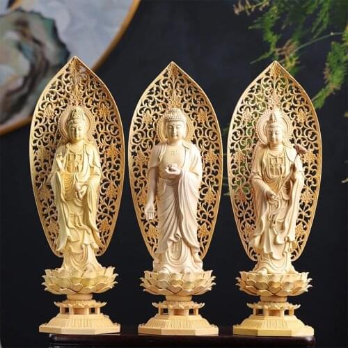Estatua de guanyin para decoración del hogar, estatuillas de Buda de madera de tres budas de 29cm, diosa de madera, regalo artes