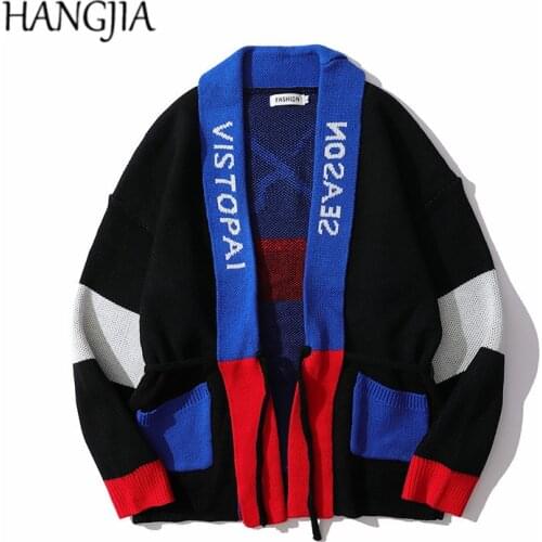 Harajuku Japanese Streetwear Cardigan knitwear Oversized Men Women Retro Colorblock Waist Drawstring Knitted Kimono Sweaters