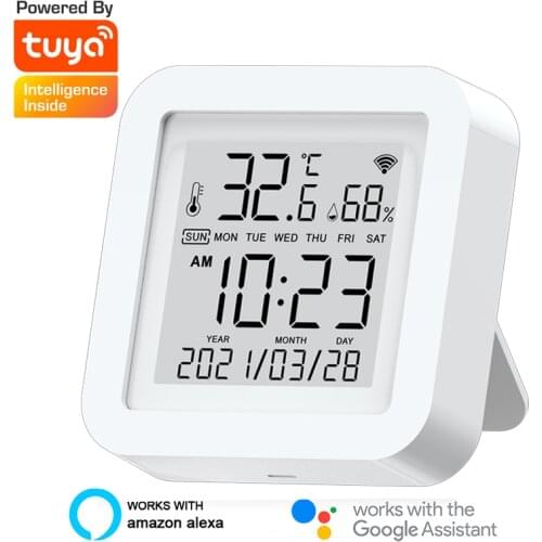 Tuya WIFI Smart Temperature Humidity Sensor Digital Thermometer Hygrometer Time Date LCD Screen Detector Smart Home Desk Clock