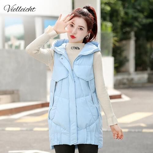 Vielleicht 2021 New Winter Women Vest Coat Solid Hooded Sleeveless Thicken Warm Cotton Padded Vest Coat Female Winter Waistcoat