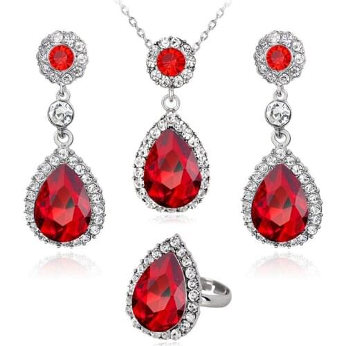 Vintage Water Drop Pendant Necklace Crystal Big Ring Earrings Necklaces Jewelry Sets for Women Girls Party