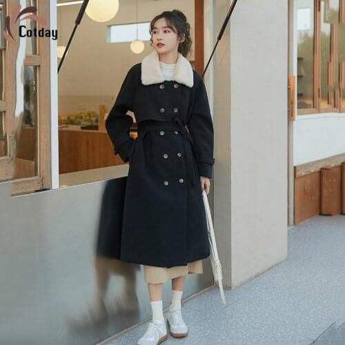Cotday Vintage Turn-down Collar Thick Winter Warm Black Double Breasted Pockets Cusual Women' Long Clothes Woolen Blend Coat