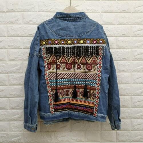 Ethnic Style Geometric Pattern Embroidery Denim Jacket For Women Fashion Long-Sleeve Jeans Basic Coat Spring Female Outwear