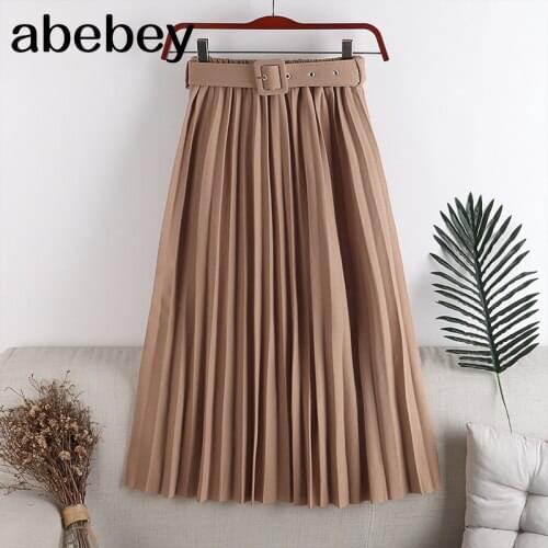 2021 New High Waist Womens Pleated Skirts with Belted Spring Summer Minimalism Elegant Office Female Mi-long Skirt Saia
