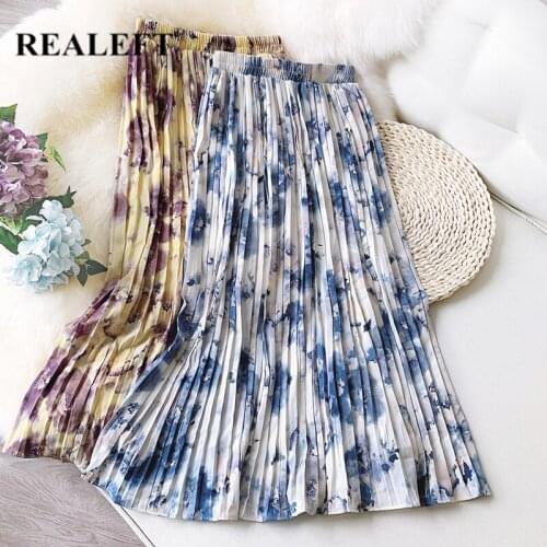 REALEFT New 2021 Summer Vintage Ink Printed Tulle Pleated Mi-long Womens Skirts High Waist Chiffon Loose Female Umbrella Skirts