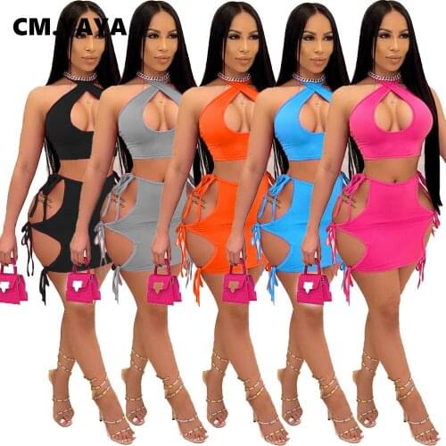 CM.YAYA Sexy Mini Set Women Solid Sleeveless Halter Crop Tops Drawstring Hollow Out Sheath Elastic Skirts Fashion 2 Piece Set