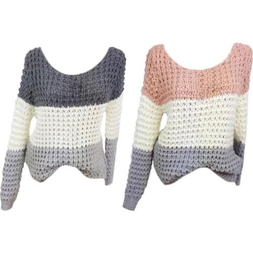 Women Autumn Chunky Crochet Knitted Sweater Long Sleeve O-Neck Loose Pullover Tops Triple Color Block Patchwork Jumper