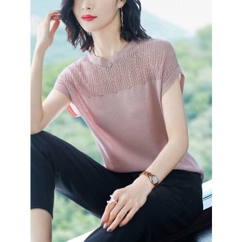 Women Summer Knitted Sweater Ladies Sexy Lace Patchwork short Sleeve Pullover Top Casual basic Sweater Women Pink White 2021