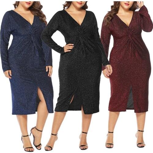 Women Dress Plus Size Sexy Shimmers Pleated V Neck Long Sleeve Split Midi Evening Dress Summer Fashion Elegant Slim Bodycon