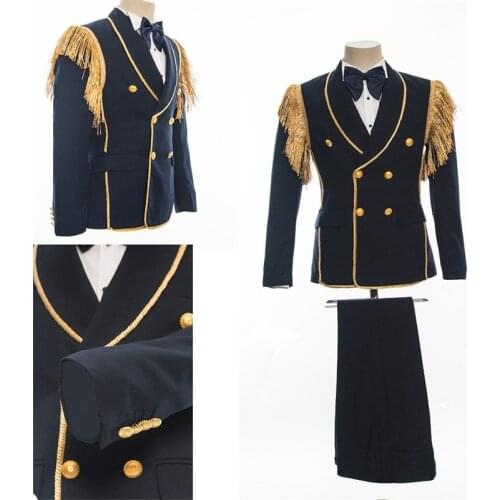 Gold 2-Piece Men Suits Wedding Tuxedos Party Appliqued Tassel Fit Formal Business For Best Man Suits Peaked Lapel Blazer Suit