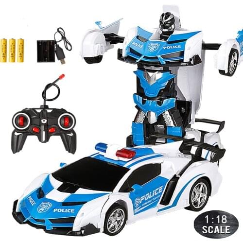 24CM 1:18 RC Car Toy Remote Transformation Robot One Key Deformation Electric Remote-controlled Toy Police Cars for Kids Boy E01