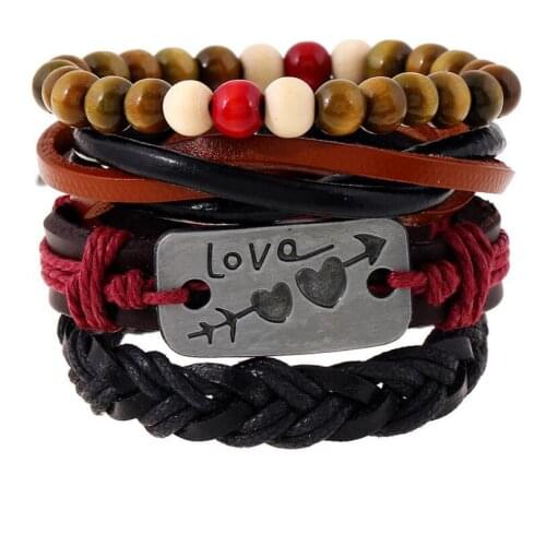 4 Pieces 1 Set Best Selling Woven Multilayer Leather Bracelet Love Engraved Wood Bead Bracelet