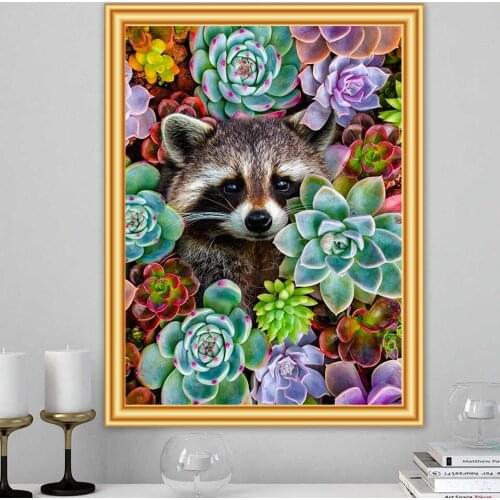 DIY 5D Diamond Painting Succulent Plants Cross Stitch Kit Full Drill Embroidery Raccoon Animal Mosaic Art Picture of Rhinestones