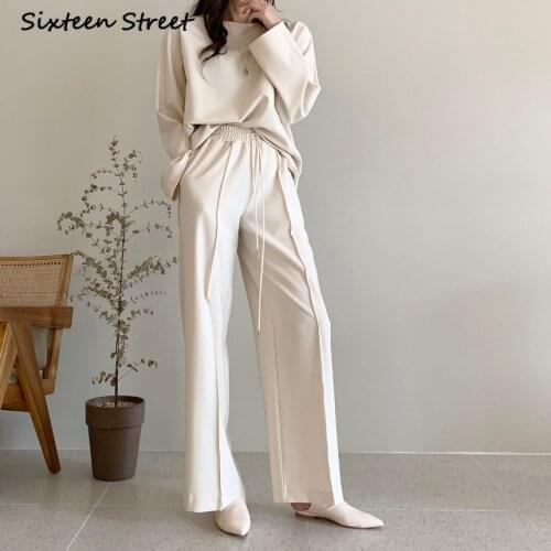 Pants Women Autumn Winter O Neck Loose Long Sleeve Top High Waist Straight Wide Leg Trousers Korean Fashion Chic Clothing Women