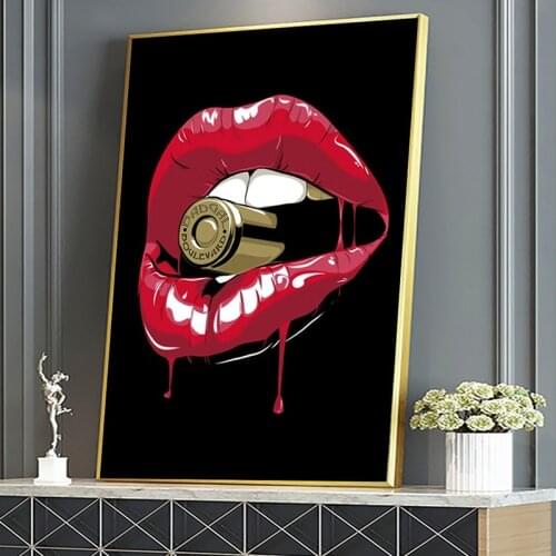 Black Modern Sexy Woman Canvas Painting Flame Red Lips Poster Creative Bullet Head Prints Wall Art Picture for Living Room Decor