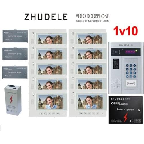 ZHUDELE Building Home security intercom system 10 Units Apartment Video Door Phone Bell Intercom System 7" TFT monitor IN STOCK
