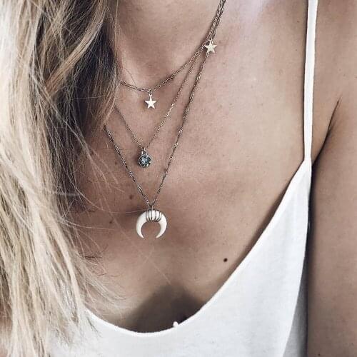 3 Pcs/Set Exquisite Female Necklaces Star Moon Black Crystal Gold Long Necklace Set Bohemian Women Birthday Party Jewelry Gifts