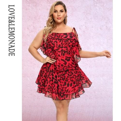 LOVE&LEMONADE PLUS SIZE Red Leopard Print Chiffon Sling, Ruffled A-Line Beach Holiday Mini Dress LM82340PLUS