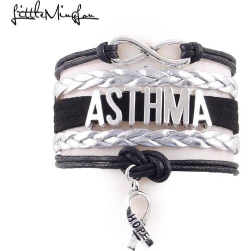 Little Minglou Infinity hope ASTHMA bracelet ribbon charm Awareness leather wrap men bracelets & bangles for women jewelry