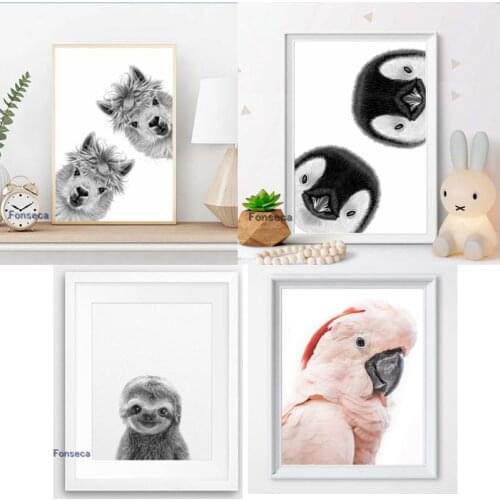 Cute Animal Canvas Poster Penguin Llama Pink Cockatoo Sloth Paintings Wall Decor Nursery Animals Picture Baby Room Decor