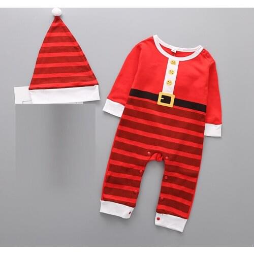 Fashion Newborn Infant Baby Girls Boys Long Sleeve O-Neck Christmas Striped Printed Romper Jumpsuit+Hat Santa Outfits Costume#g4