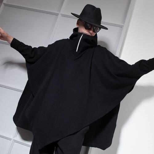 Men windbreaker autumn and winter loose hooded cape cape mens leisure coat long European and American clubs black large size