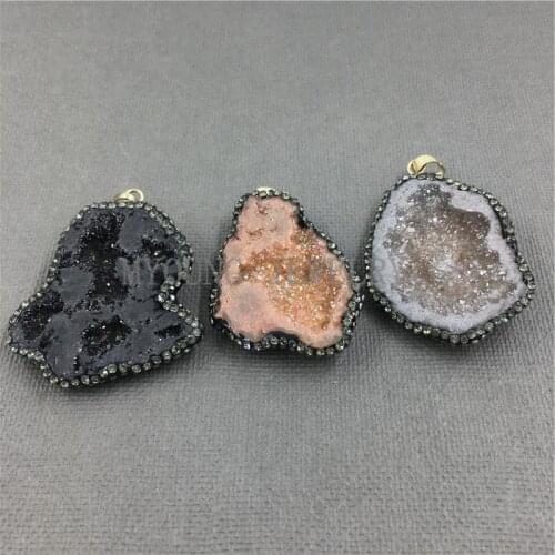 MY1032 Freeform Multicolor Agates Geode Druzy Pave Rhinestone and Abalone Shell Edge Pendant Charm