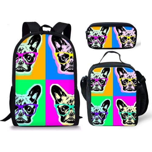 Fancy French Bull Dog Boys School Bag Sets Teen Girls School Bookbags 3Pcs/Set Joyful Grey Pit Bull/Tabby Cat Children Backpack