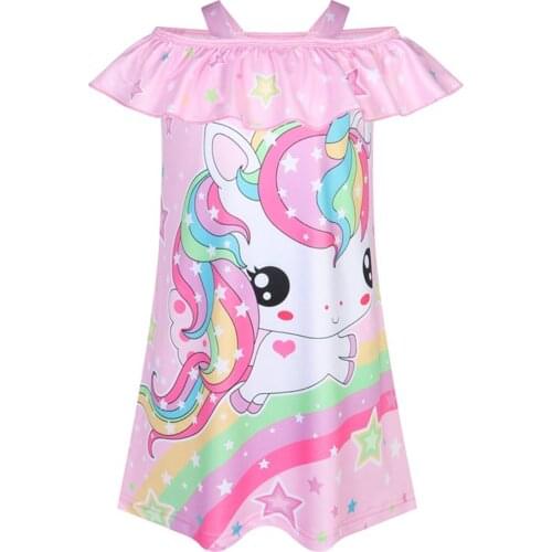 Girls Princess Nightgowns Summer Ruffle Off Shoulder Cute Cartoon Nightdress Kids Pajamas Sleepwear Children Casual Home Clothes