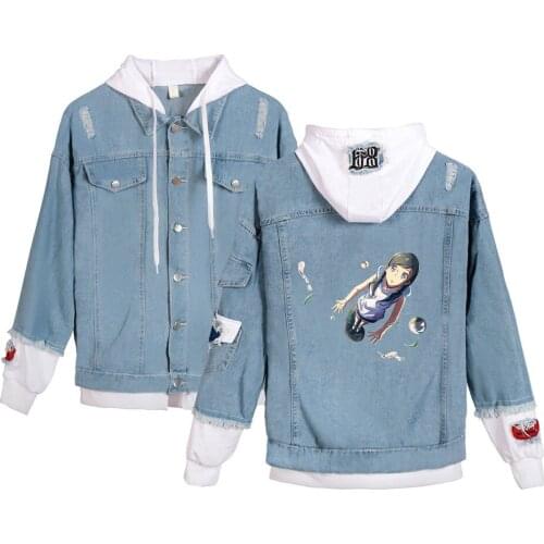 New France Style Mens Distressed Destroyed girl print Skull Biker Blue Denim Jacket stranger things Size XXS-4XL harajuku