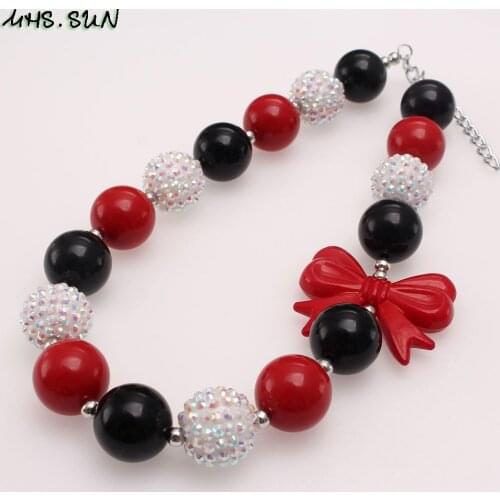 MHS.SUN Adorable Bowknot Chunky Beads Necklace Fashion Design Girls Child Bubblegum Necklace Red/White/Black Beaded Jewelry