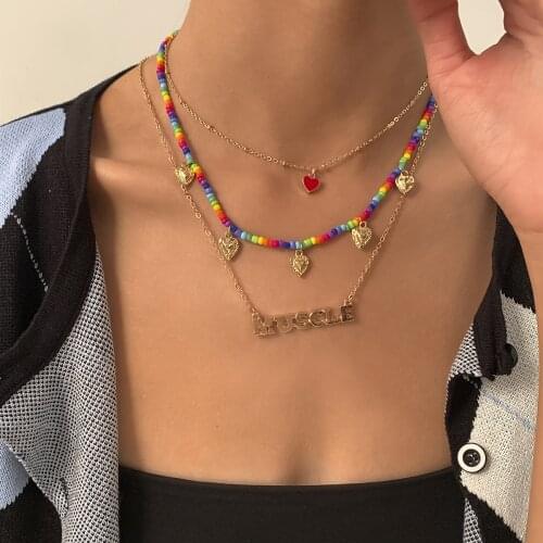 Europe America Fashion Gold Multilayer Chain Chokers Necklace Boho Colorful Beaded Jewelry Heart Pendant Necklaces For Women