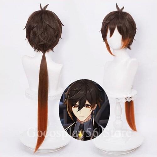 Genshin Impact Zhongli Cosplay Wig 90cm Long Straight Ponytail Gradient Brown Heat Resistant Hair Halloween Role Play