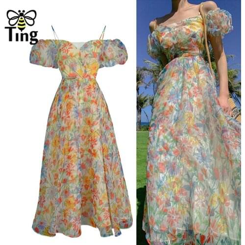 Tingfly Women Fashion Summer Bohemian Floral Print Slash Neck Puff Sleeve Dress Casual Street Open Bakc Lace Up Robes Elbise Za
