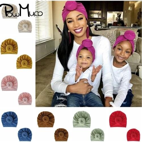 Powmuco Mother and Baby Cotton Round Ball Hats Solid Color Donut Children Caps Fashion Handmade Knotted Bonnet Photography Props