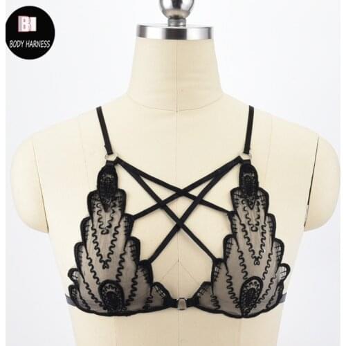 Sexy Lace Cage Bra Fetish Top Bondage Bra Harness Black Lingerie Body Harness Fetish Rave Wear Adjustable Elastic Bra Harness