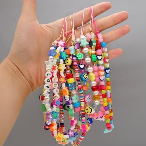 Shinus Mobile Phone Chain Lanyard Smiley Fruit Beads Beaded Chain For Cell Phone Holder LOVE Letter Mobile Chains Strap Jewelry