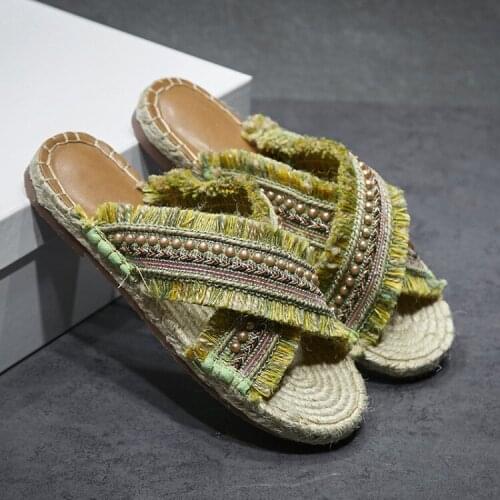 Kmeioo Cozy Shoes Women Slippers Fashion string beads Slides Fur Fringe Flip Flops Summer Flat Slides Outside Ladies Shoes