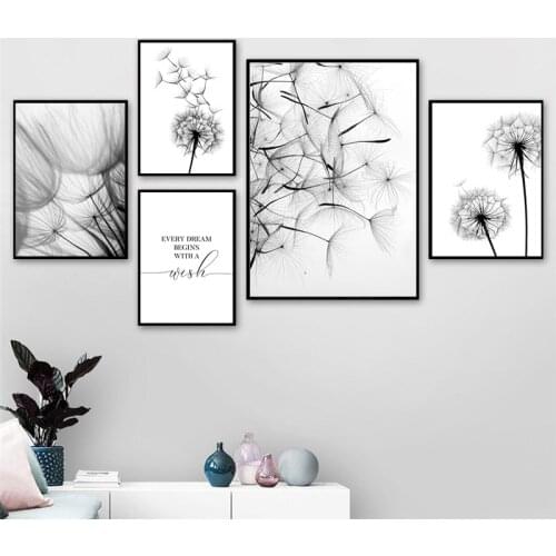 Modern Dandelion Wall Art Canvas Painting Black White Wish Quote Poster Artwork Print Picture for Interior Living Room Decor