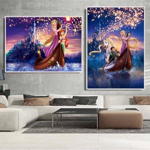 Disney Movie Canvas Painting Rapunzel and the Mermaid River Crossing Poster and Prints Nursery Princess Art Wall Kids Room