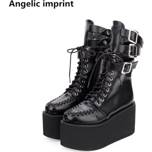 Angelic imprint new mori girl Women motorcycle punk boots lady lolita shoes woman princess high heels dress pumps buckles 33-47