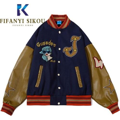 2021 Autumn Women Bomber Jacket PU Leather Spliced Long Sleeve Fashion Embroidery Jackets Coat Streetwear Loose Outerwear Female