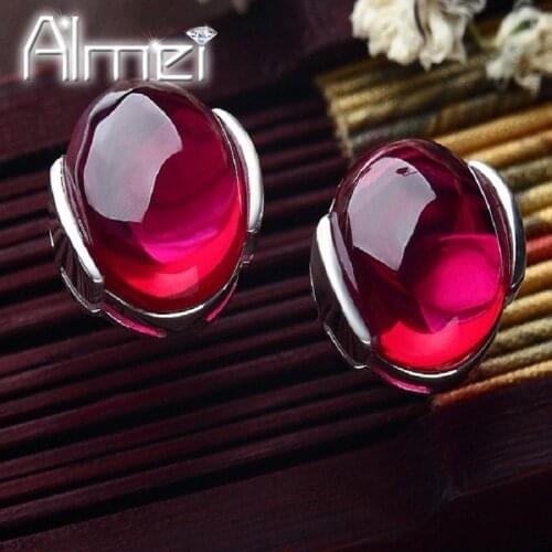 Almei 15%Off Half Ball Stud Earrings for Women Fashion Vintage CZ Zircon Earring With Red Stone Jewelry 2017 Cute Brincos SYC39