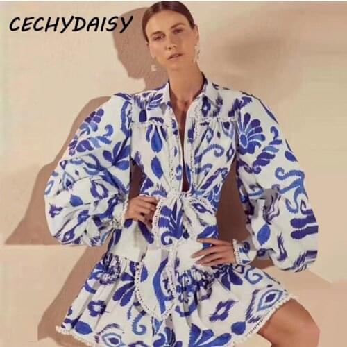 2021 Spring Women 2 Pieces Set Crop Top And Mini Skirt Turn- Down Collar Lace Up Vintage Printed Blouse Shirts Clothes Outfits