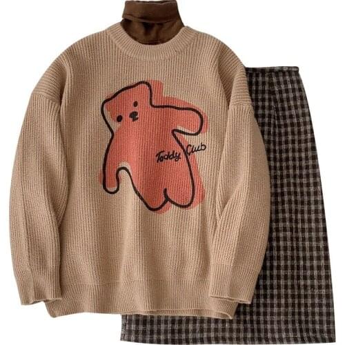 Autumn Winter Two Piece Suit Women Fashion Bear Pattern Long Sleeve Loose Sweater + High Waist Plaid A-line Skirt Matching Set